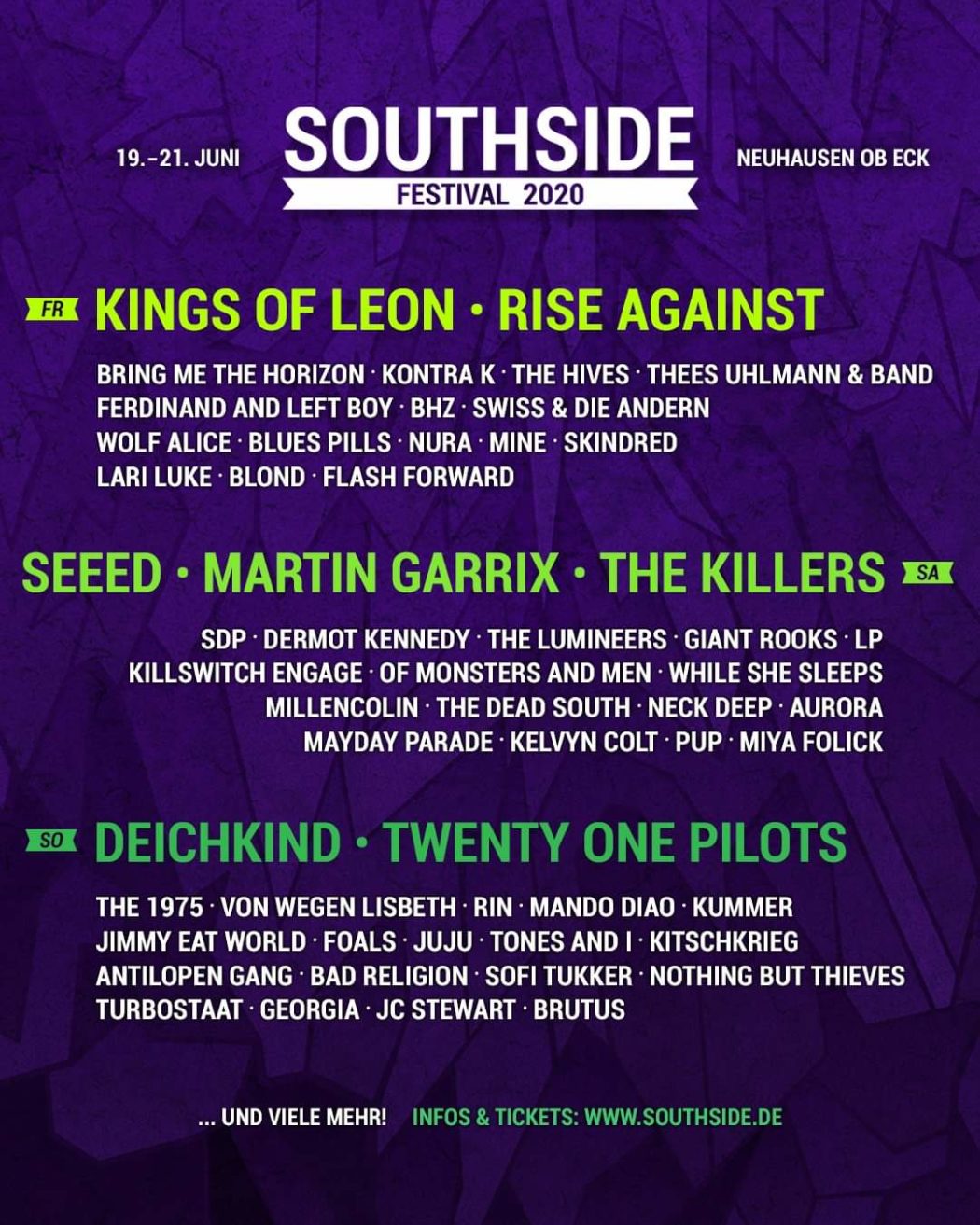 Southside 2020 Bands und Spieltage