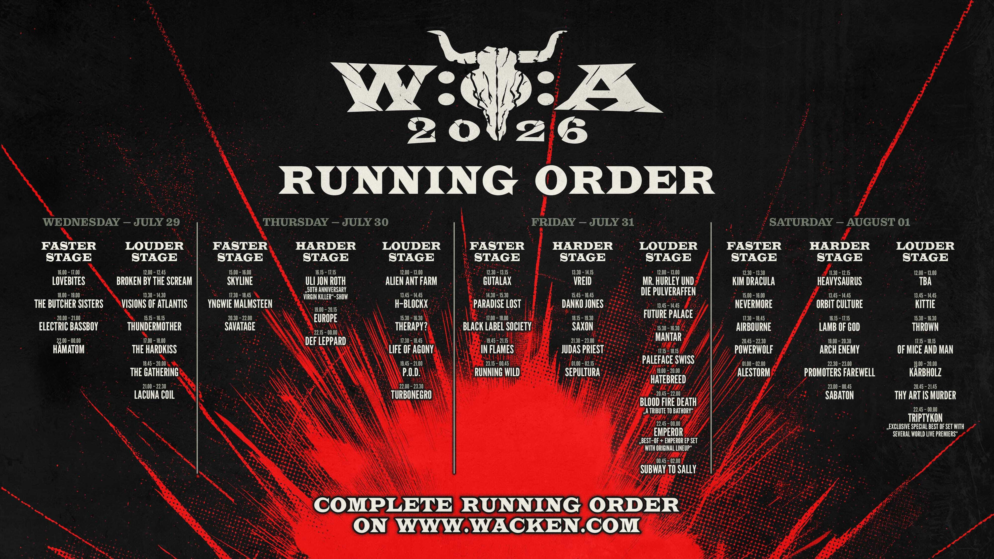 Wacken Open Air 2026 - Der Running Order ist da!